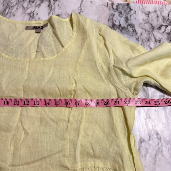 FLAX 100% Washable Linen Yellow Green Peplum Top - Picture 7 of 8